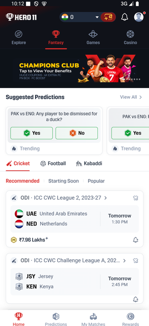 Hero11 Fantasy स्क्रीन पर Suggested Predictions, Cricket और Football टैब तथा मैच नेविगेशन